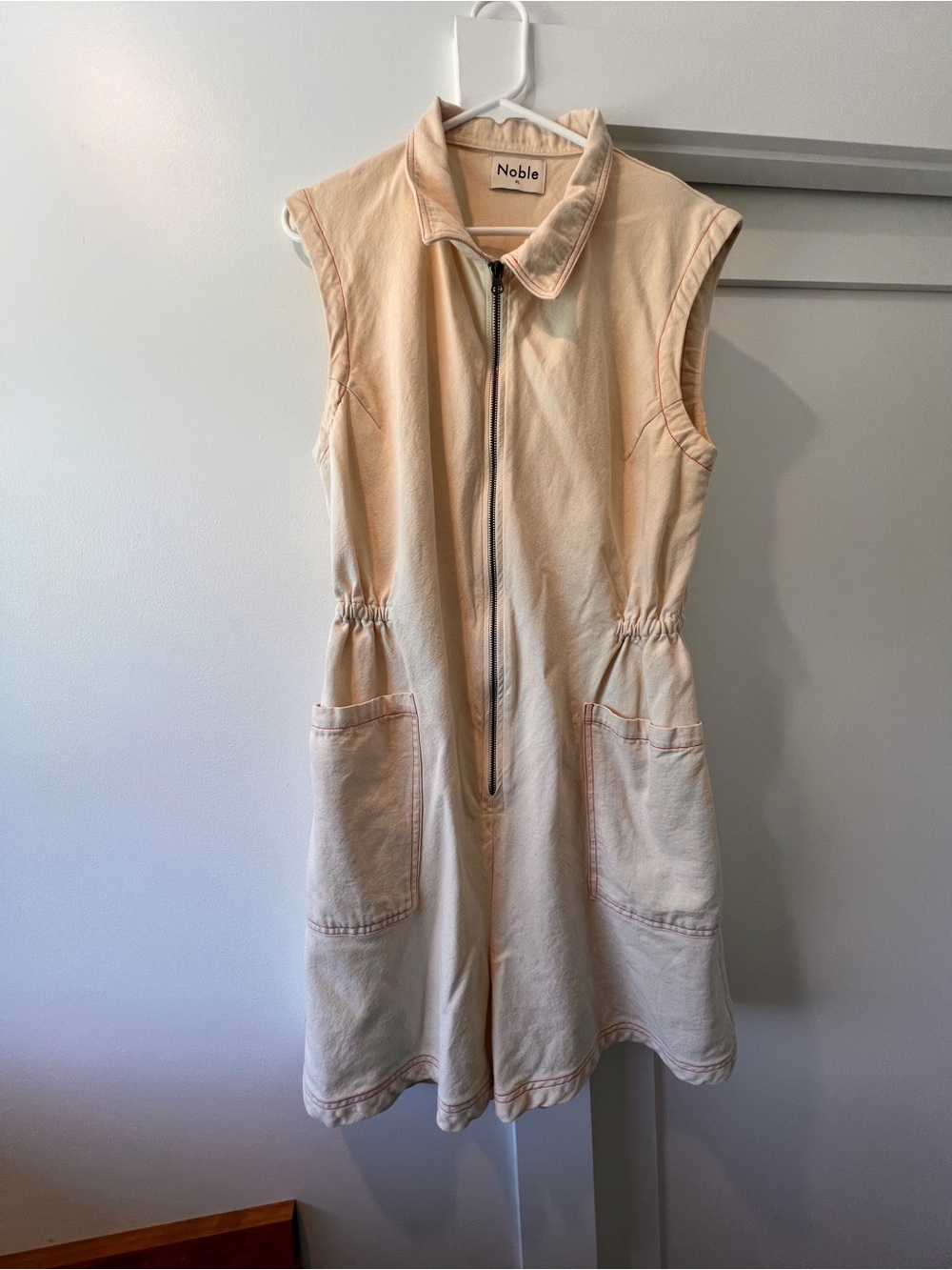 Noble Cream Sleeveless Zip Front Utility Romper XL Contrast Stitching